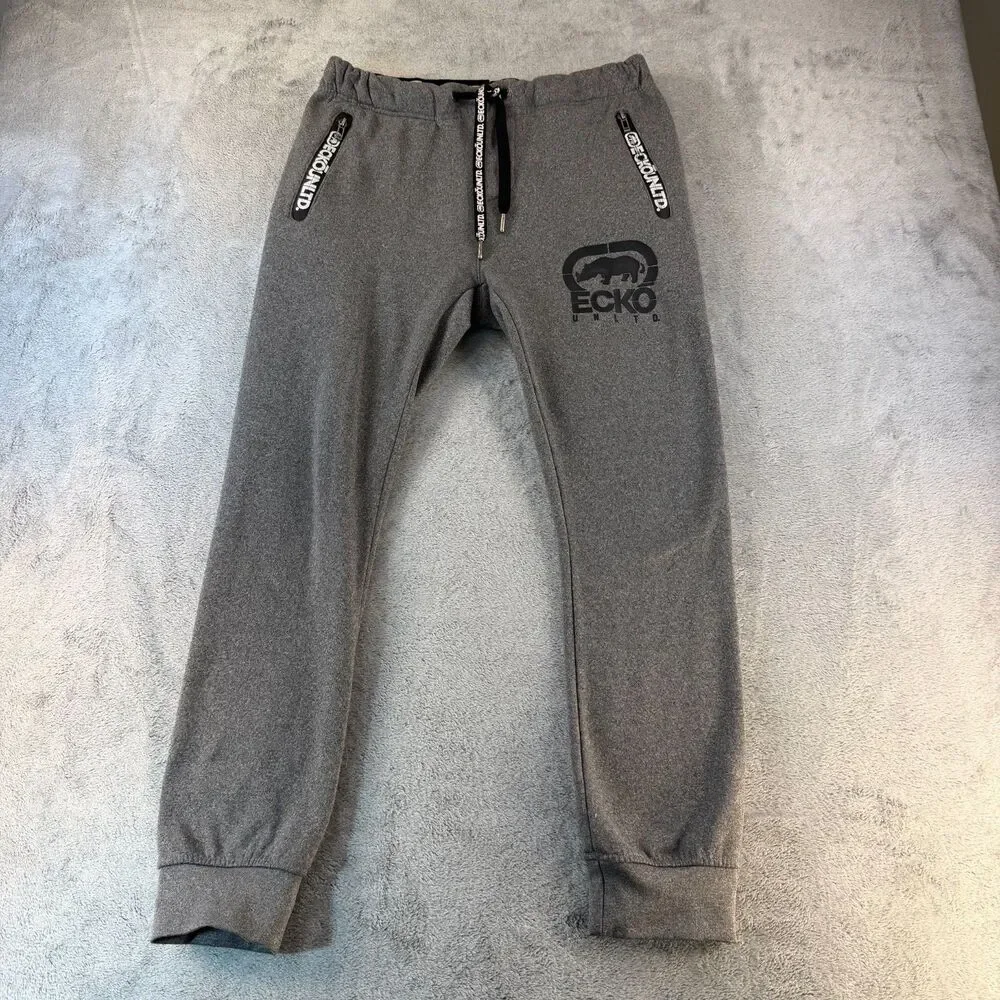 Ecko Unltd Men's Small Gray Jogger Sweatpants Logo Zip Pocket Tapered